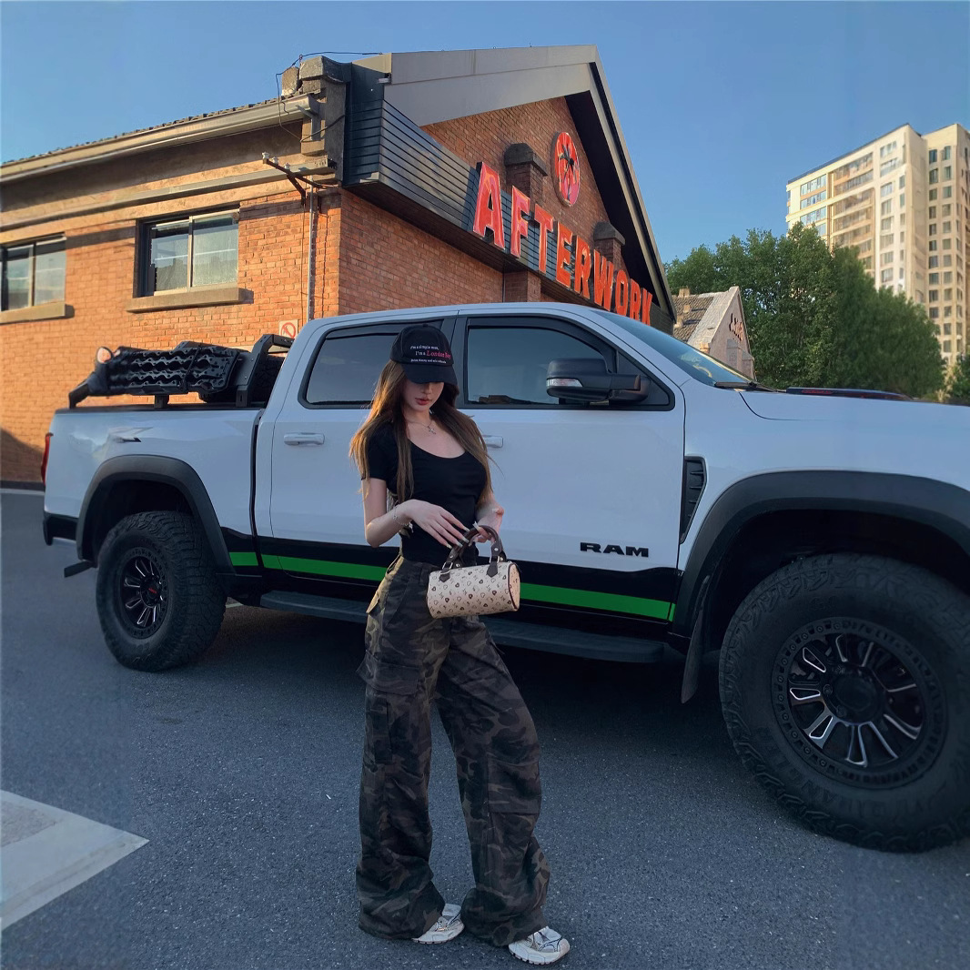 Real shot of retro camouflage denim wide-leg work pants for women in spring and summer American hot girls high waist slim casual trousers trendy - Image 2