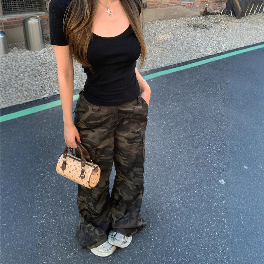 Real shot of retro camouflage denim wide-leg work pants for women in spring and summer American hot girls high waist slim casual trousers trendy - Image 3