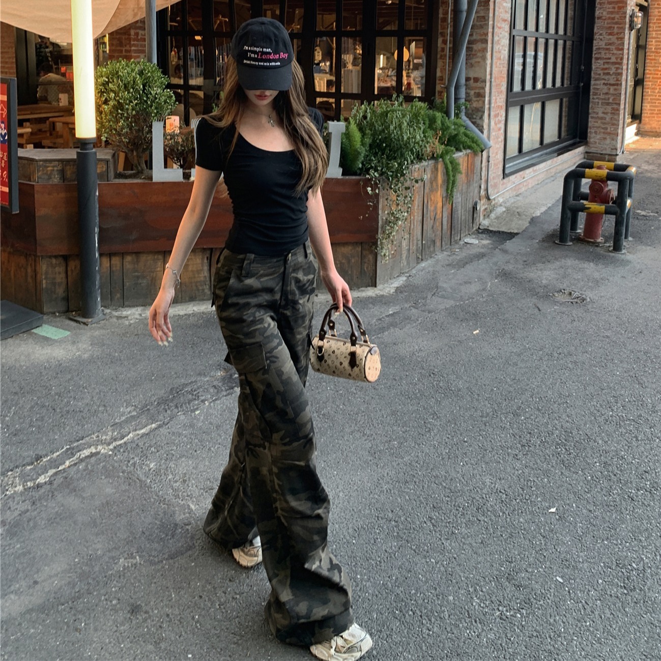 Real shot of retro camouflage denim wide-leg work pants for women in spring and summer American hot girls high waist slim casual trousers trendy - Image 5