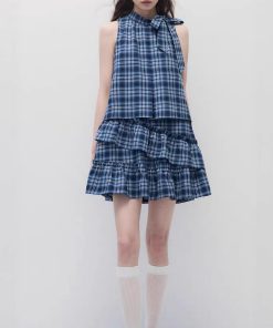 Sleepless Sea Summer blue checkered loose slim sleeveless ruffle cake dress for women