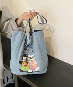 Canvas bag style versatile shoulder bag large capacity cartoon denim double-sided canvas commuting tote bag