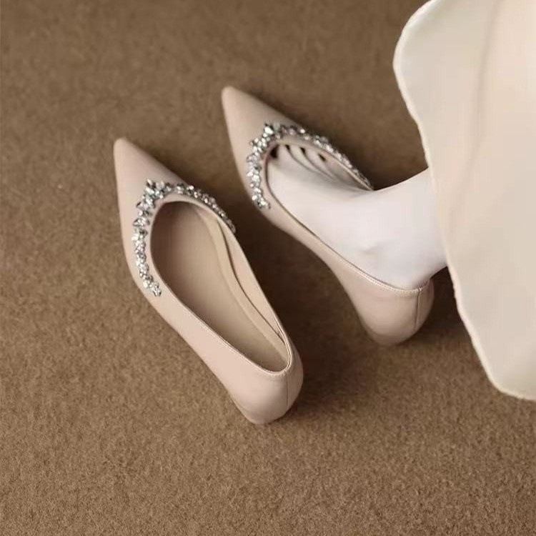 High-high-end pointed toe shallow mouth beautiful small heels single shoes for women in spring and summer rhinestone temperament evening shoes with skirt - Image 2