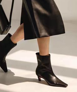 2019 Autumn and Winter Simple Cat Heel Slim Boots Niche French Small Ankle Boots Soft-Skinny Square-toe High-Heeled Short Boots Women
