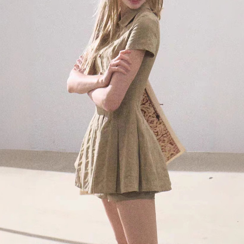 / "The wind is like a girl" Cotton College style vertical texture shirt dress pleated skirt