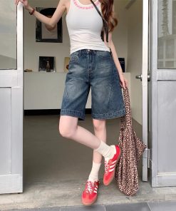 Real shot~Retro hot girl cropped pants denim shorts women's high waist loose design wide-leg mid-length pants