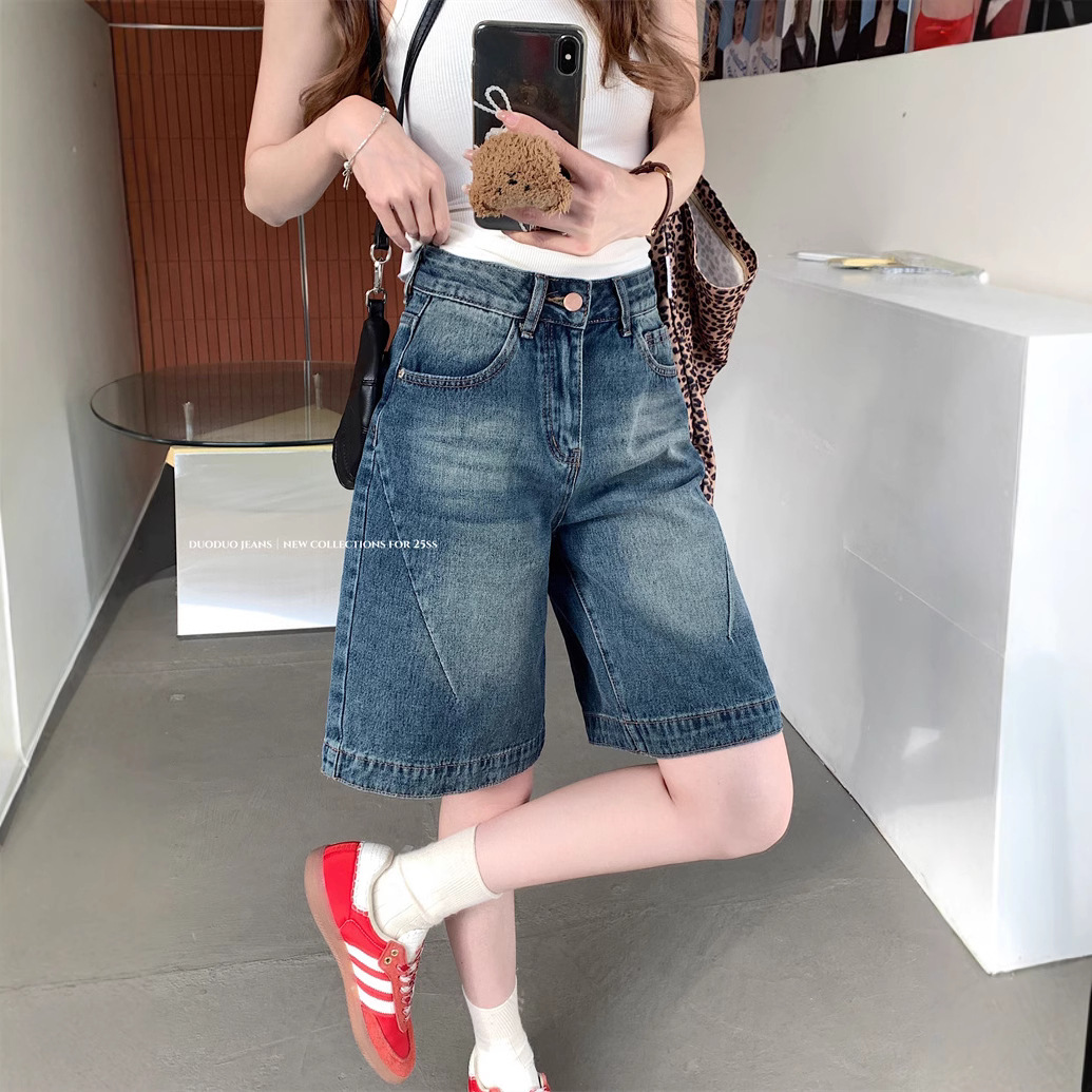 Real shot~Retro hot girl cropped pants denim shorts women's high waist loose design wide-leg mid-length pants - Image 2