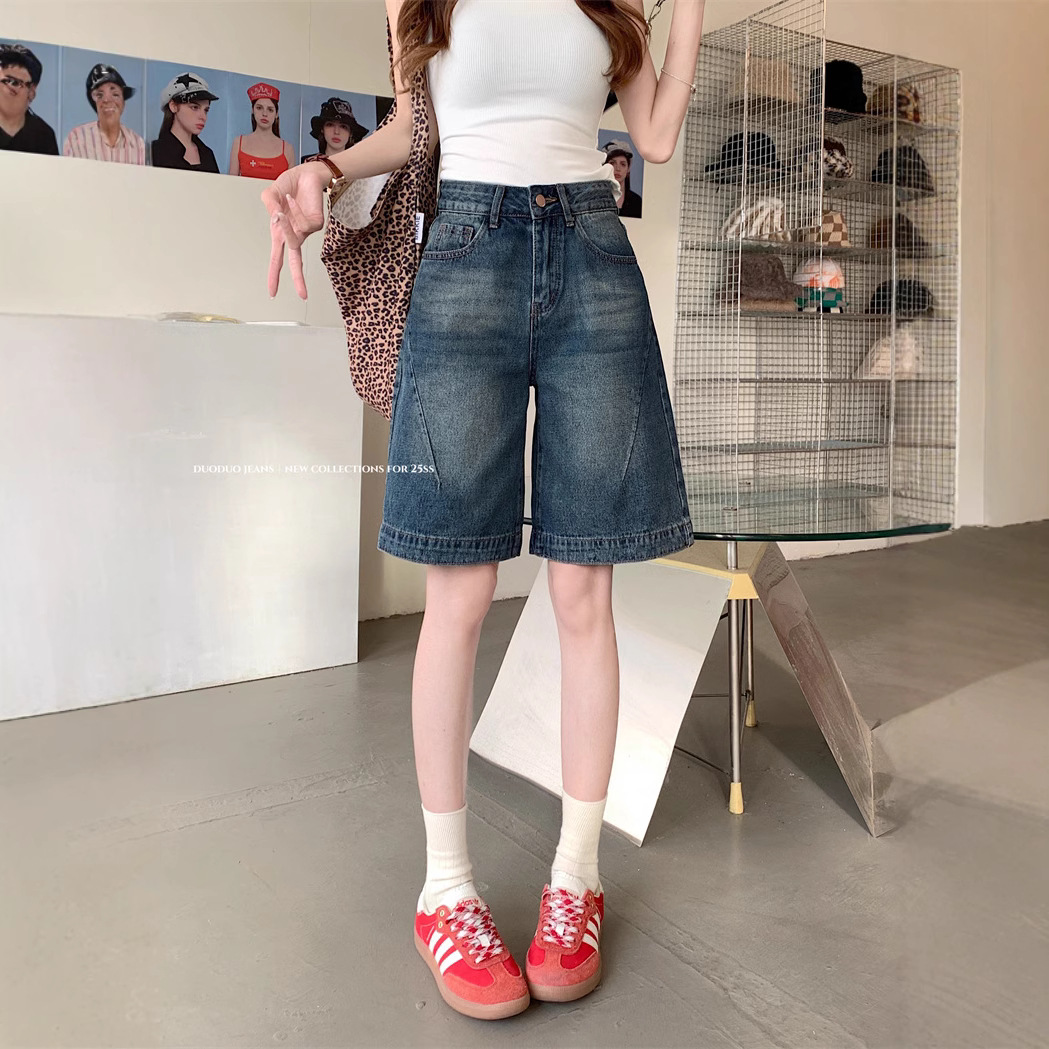 Real shot~Retro hot girl cropped pants denim shorts women's high waist loose design wide-leg mid-length pants - Image 3