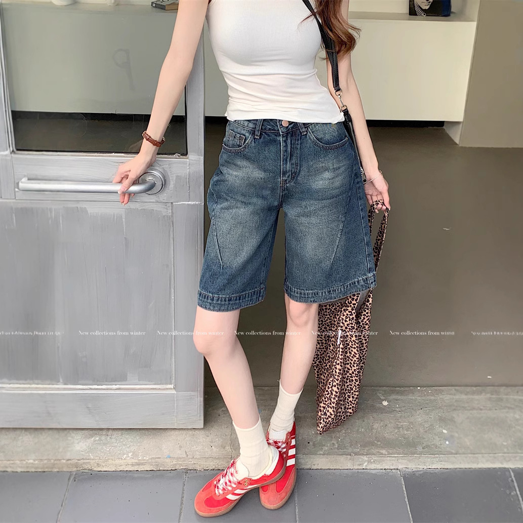 Real shot~Retro hot girl cropped pants denim shorts women's high waist loose design wide-leg mid-length pants - Image 4