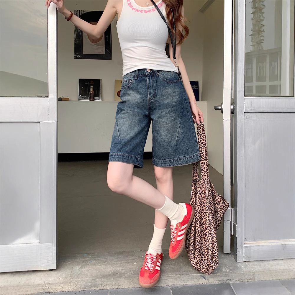 Real shot~Retro hot girl cropped pants denim shorts women's high waist loose design wide-leg mid-length pants - Image 5