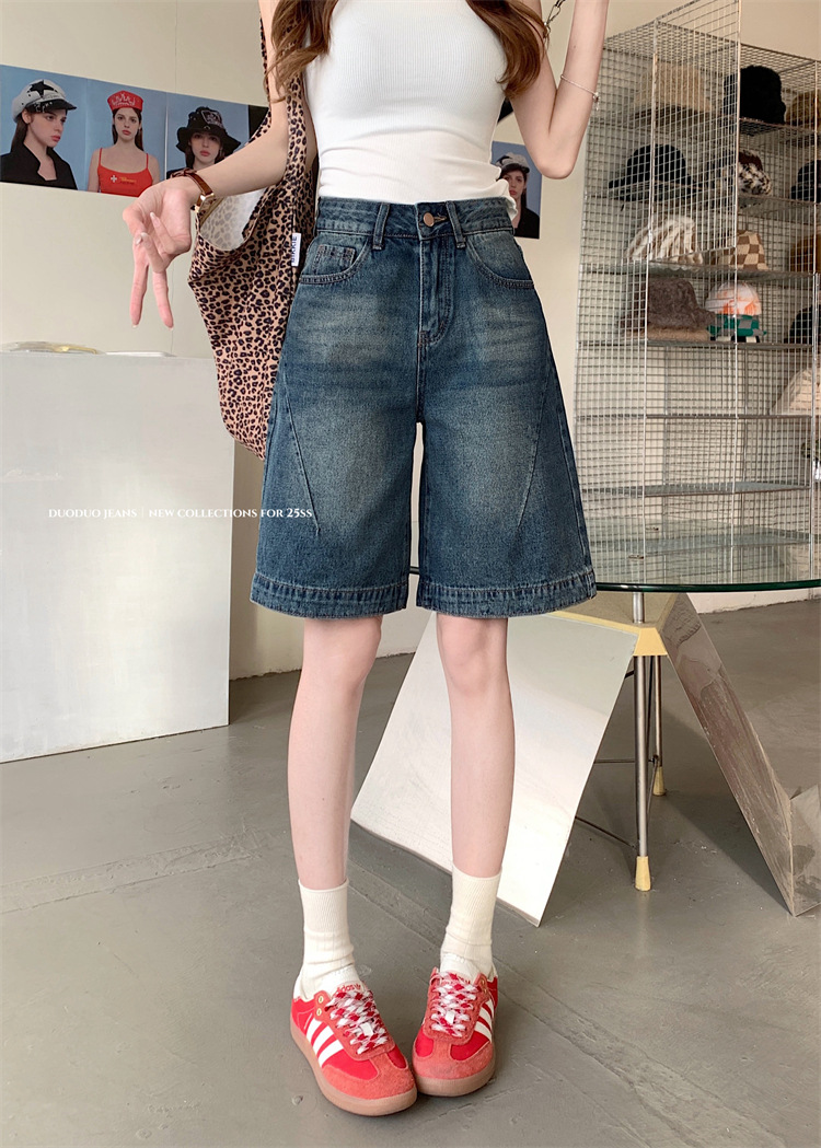 Real shot~Retro hot girl cropped pants denim shorts women's high waist loose design wide-leg mid-length pants - Image 7