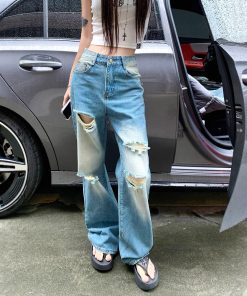 Real shot of summer American ripped wide-leg pants for women with high waist loose slim jeans