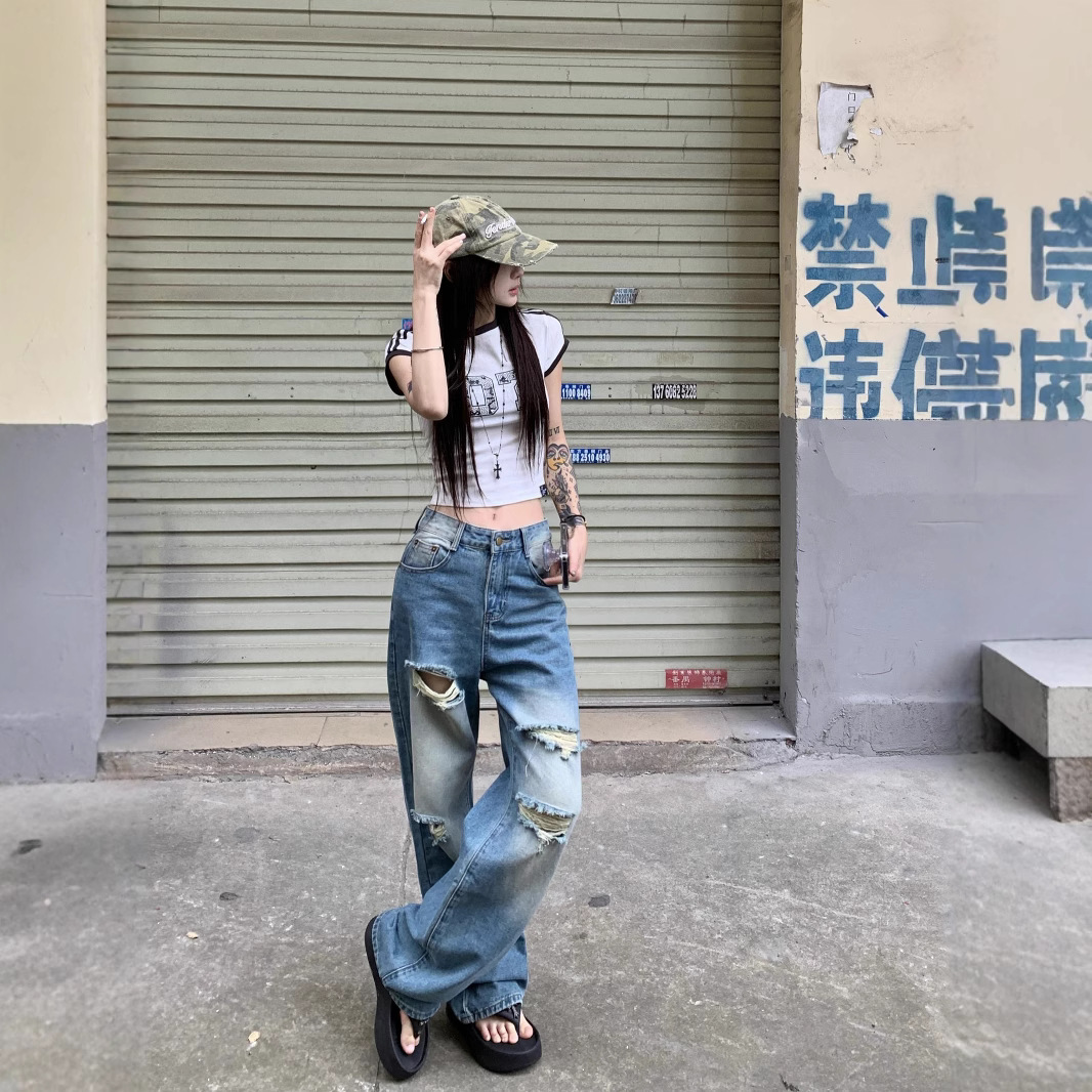 Real shot of summer American ripped wide-leg pants for women with high waist loose slim jeans - Image 2