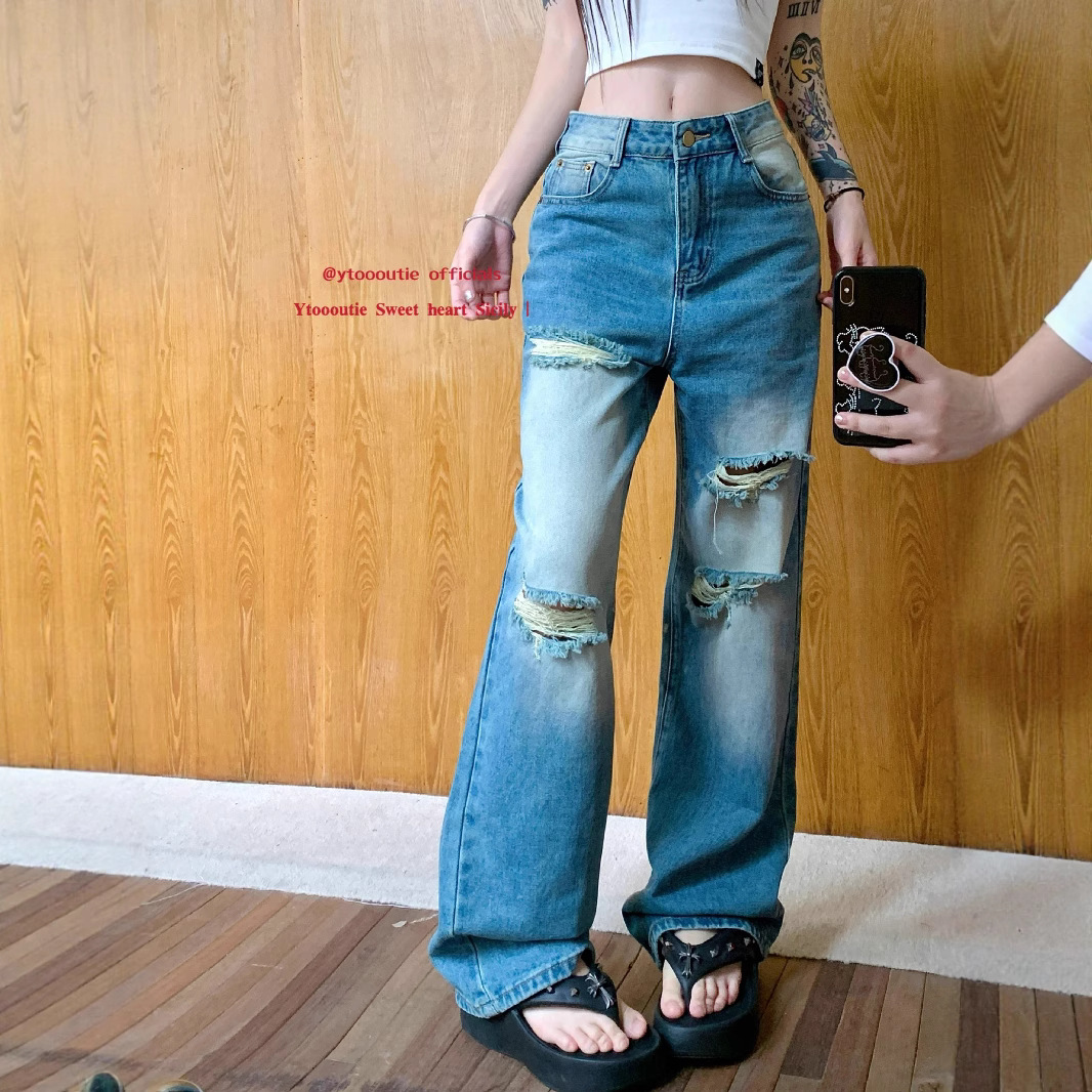 Real shot of summer American ripped wide-leg pants for women with high waist loose slim jeans - Image 4