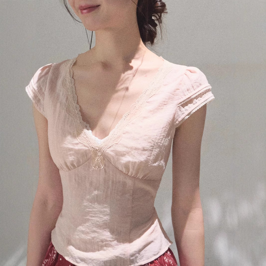 / "Fragrant Breathing" Laiser double-layer lace collar strap versatile age-reducing top - Image 2