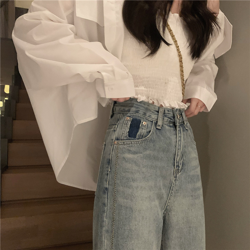 Real shot of blue high-waisted retro loose wide-leg pants for women's side stitching and rolling versatile jeans - Image 5