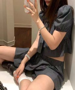 Proportional sweetheart Niche retro striped lace-up puff sleeve short sleeve shirt skirt pants