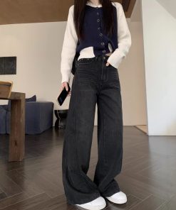 Real shot, design-cut slim jeans for women, early spring high waist loose wide-leg pants, trousers trendy
