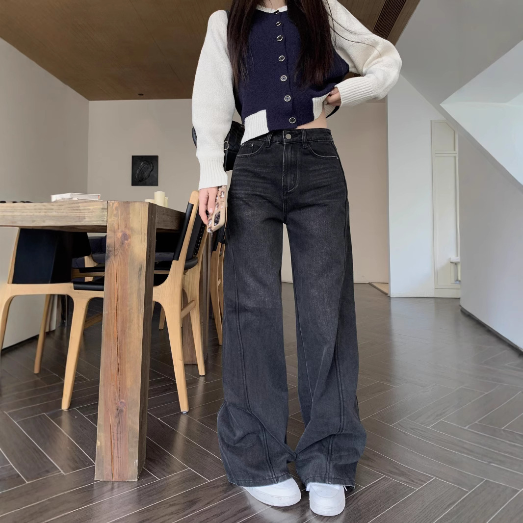 Real shot, design-cut slim jeans for women, early spring high waist loose wide-leg pants, trousers trendy - Image 3