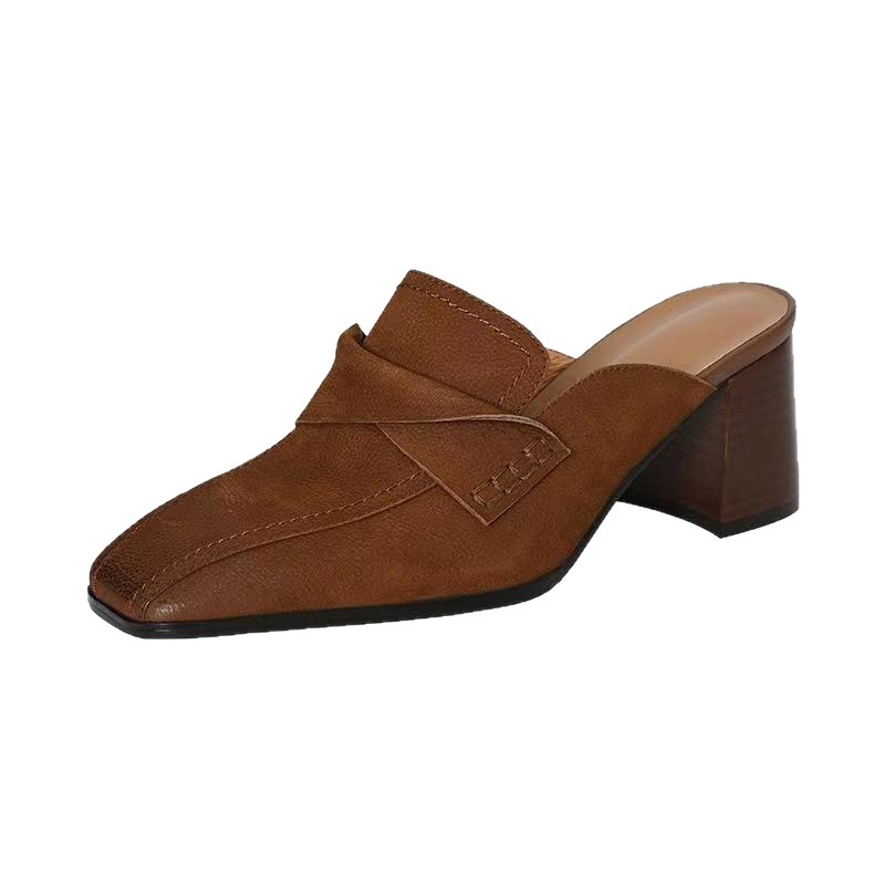 Summer and autumn thick heeled half-drag women wear lazy mules shoes for outdoor wear simple square toe high heeled lazy shoes - Image 5