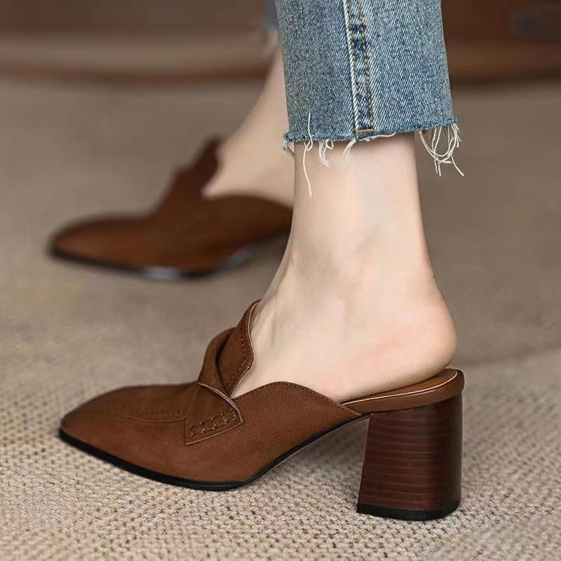 Summer and autumn thick heeled half-drag women wear lazy mules shoes for outdoor wear simple square toe high heeled lazy shoes - Image 7