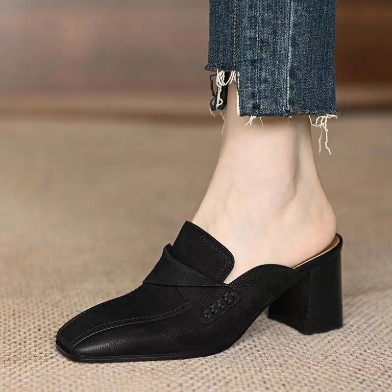 Summer and autumn thick heeled half-drag women wear lazy mules shoes for outdoor wear simple square toe high heeled lazy shoes - Image 8