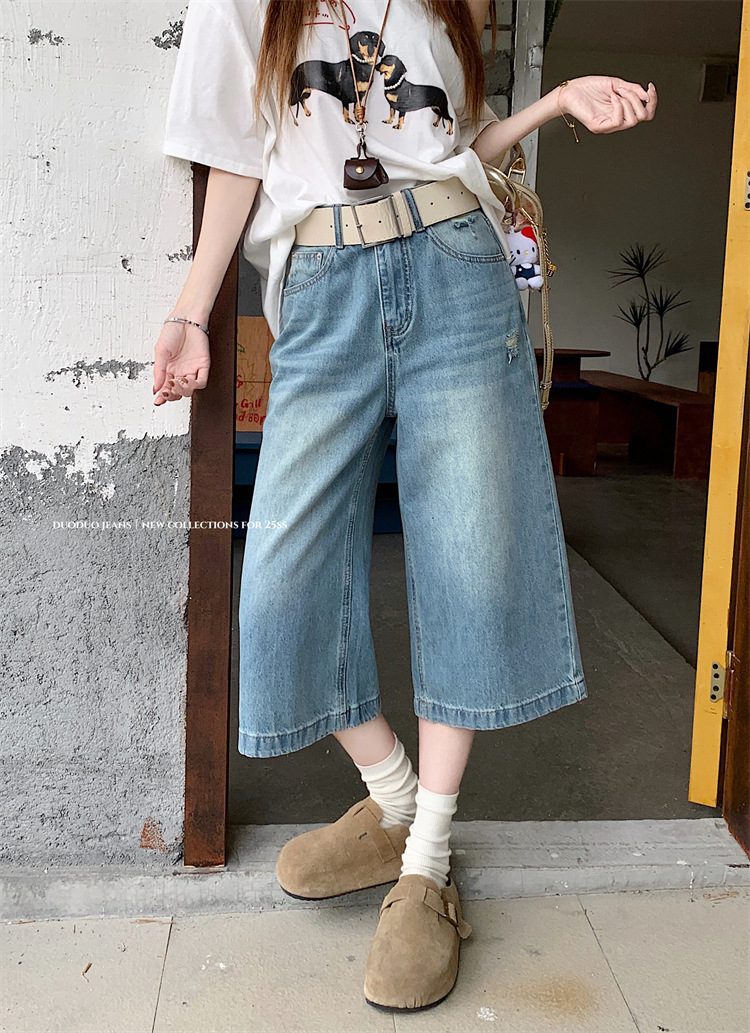 Real shot of American retro high street denim trousers for women in summer high waist ripped wide-leg trousers - Image 7