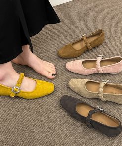 French flat sole evening breeze gentle shoes one-liner strap with skirt fairy shoes square toe suede ballet single shoes women