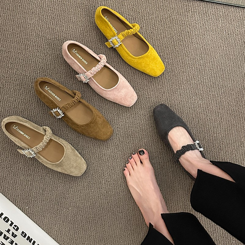 French flat sole evening breeze gentle shoes one-liner strap with skirt fairy shoes square toe suede ballet single shoes women - Image 3