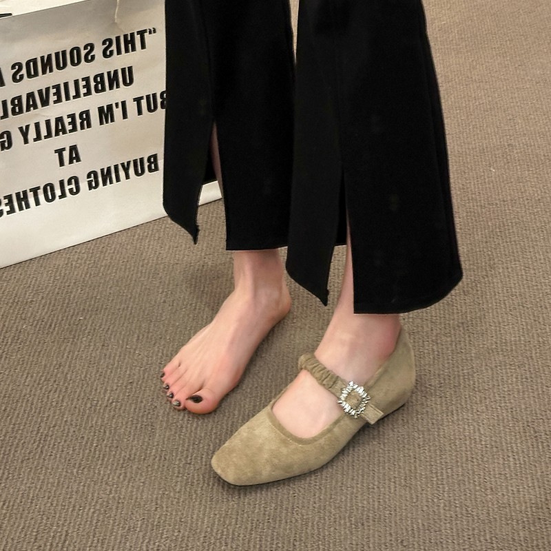 French flat sole evening breeze gentle shoes one-liner strap with skirt fairy shoes square toe suede ballet single shoes women - Image 4