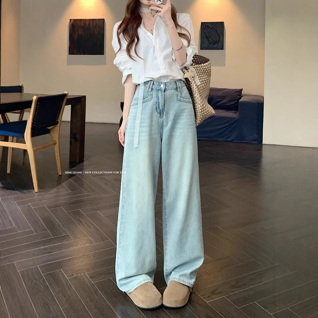 Real photos of summer loose and slim light color versatile jeans high-waisted wide-leg trousers - Image 2