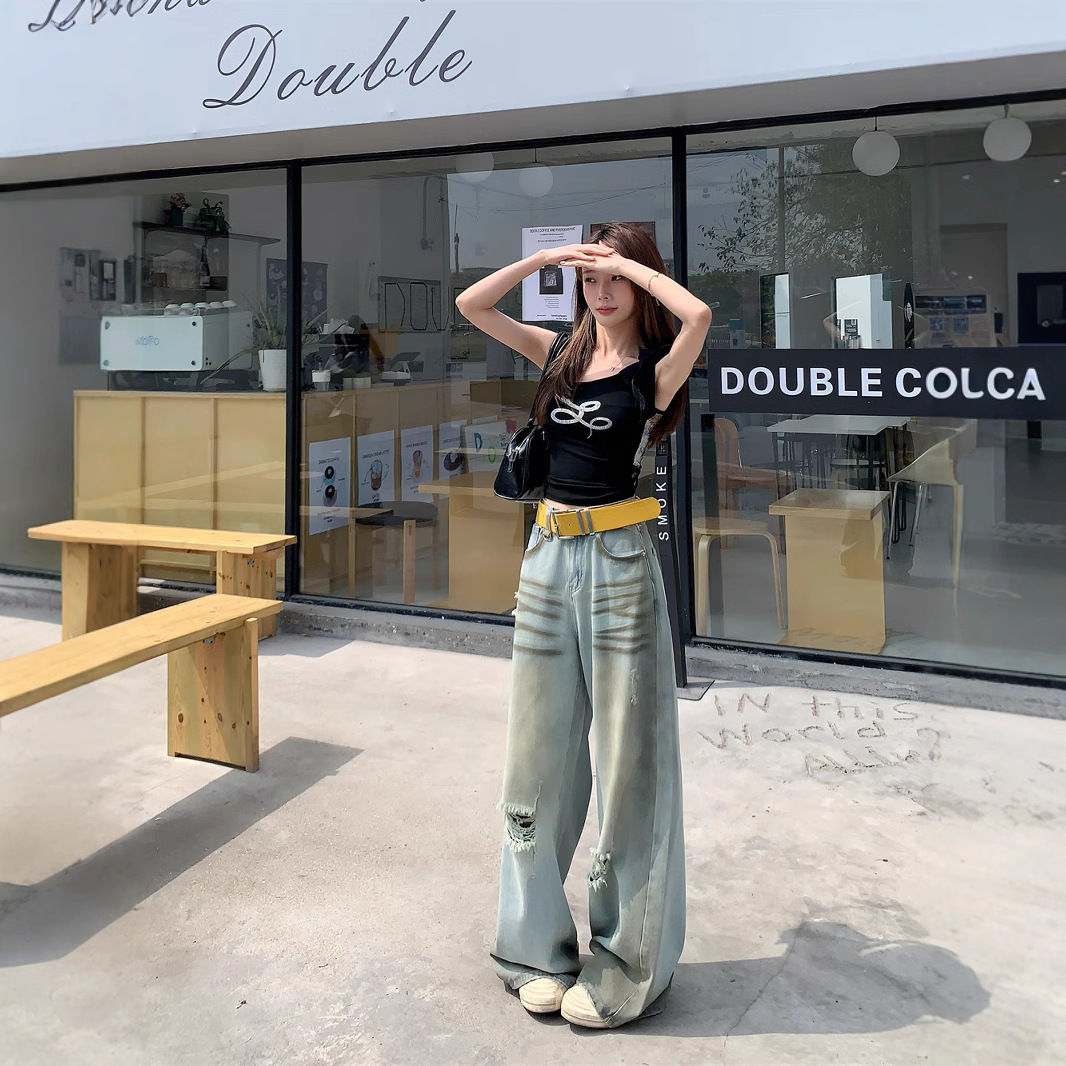 Real shot tie-dyeing old American pleated ripped wide-leg pants high waist temperament jeans for women - Image 2