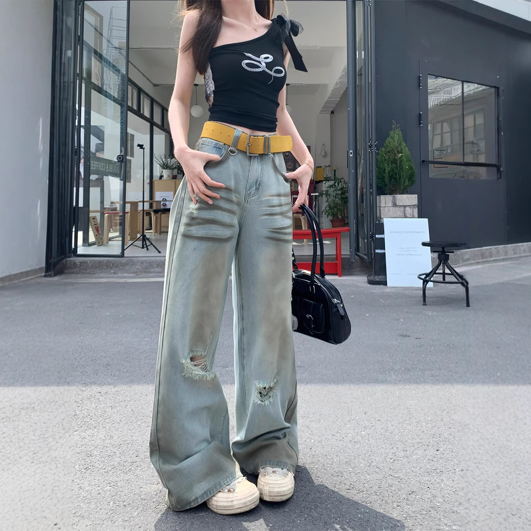 Real shot tie-dyeing old American pleated ripped wide-leg pants high waist temperament jeans for women - Image 3