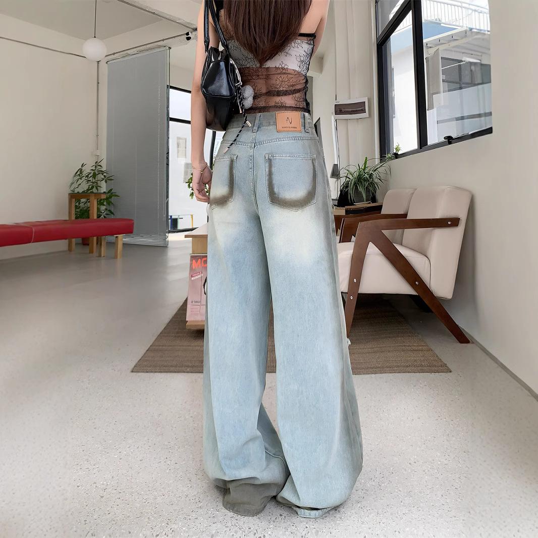 Real shot tie-dyeing old American pleated ripped wide-leg pants high waist temperament jeans for women - Image 4