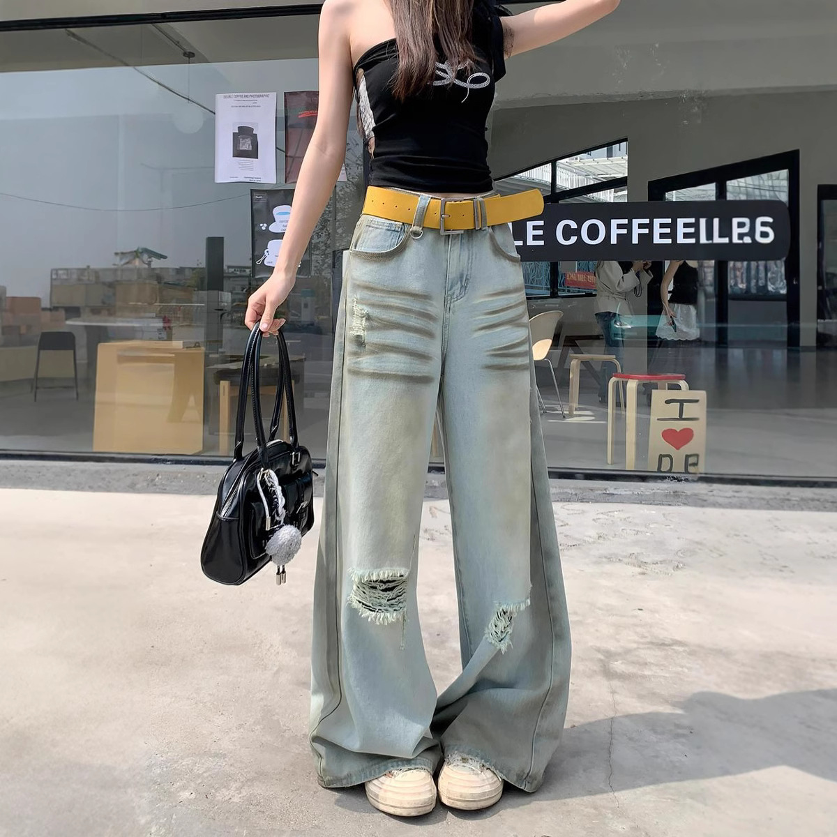 Real shot tie-dyeing old American pleated ripped wide-leg pants high waist temperament jeans for women - Image 5