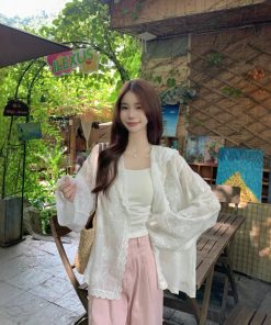 Real photo Korean white embroidered hooked hooded shirt for women with versatile loose long-sleeved cardigan sun protection top