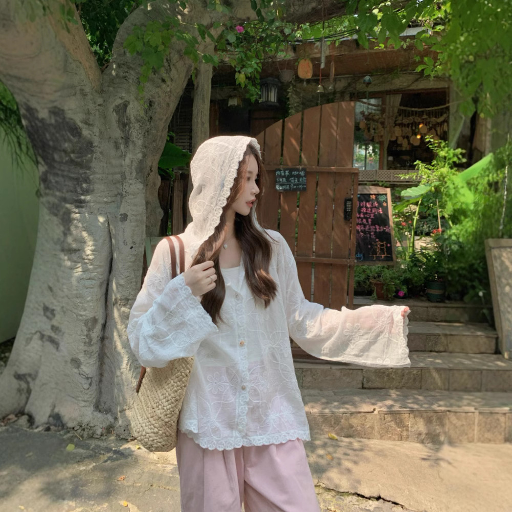 Real photo Korean white embroidered hooked hooded shirt for women with versatile loose long-sleeved cardigan sun protection top - Image 2