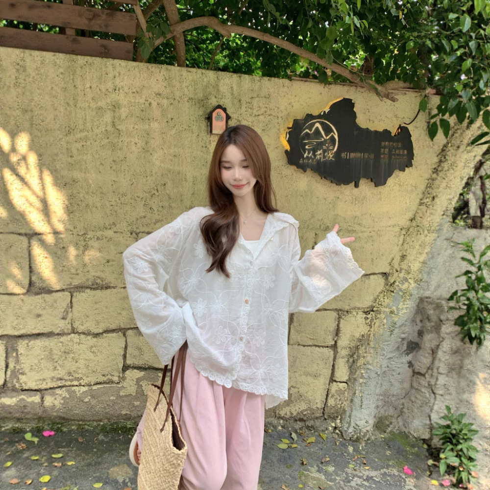 Real photo Korean white embroidered hooked hooded shirt for women with versatile loose long-sleeved cardigan sun protection top - Image 3