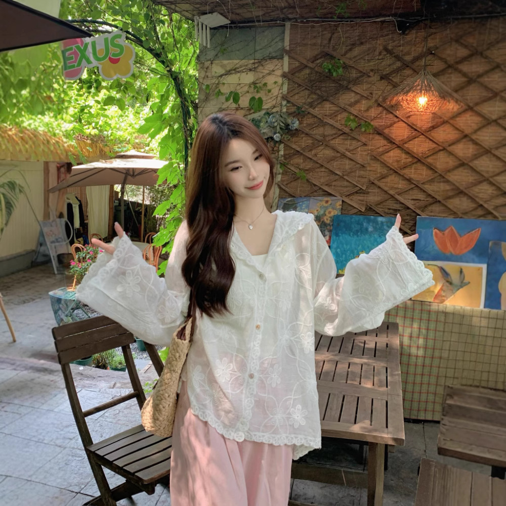 Real photo Korean white embroidered hooked hooded shirt for women with versatile loose long-sleeved cardigan sun protection top - Image 4