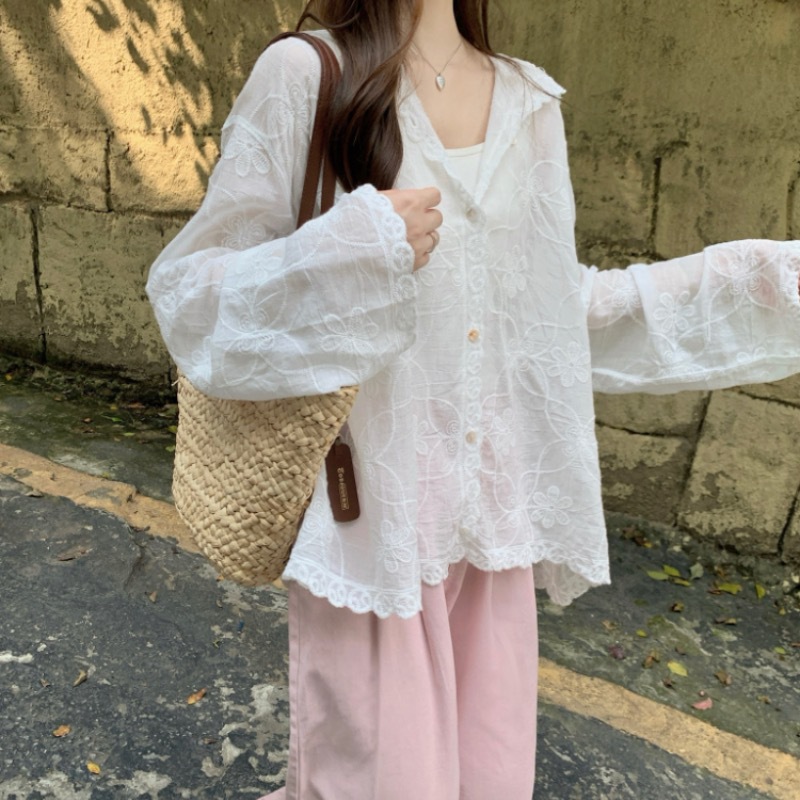 Real photo Korean white embroidered hooked hooded shirt for women with versatile loose long-sleeved cardigan sun protection top - Image 5