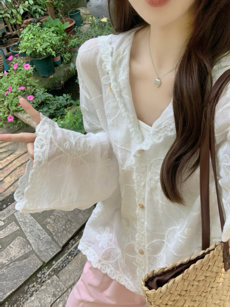 Real photo Korean white embroidered hooked hooded shirt for women with versatile loose long-sleeved cardigan sun protection top - Image 7