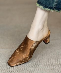 New Chinese style Baotou semi-drag women's summer wear square-head thick heels simple lazy muller slippers