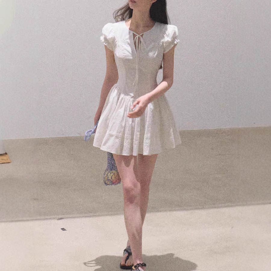 / "When Falling in Love" All-Cotton French Slimming Waist Embroidery Coffee Break Vacation Dress Skirt