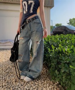 Real shot American retro hot girl ripped jeans women's summer loose wide-leg floor trousers