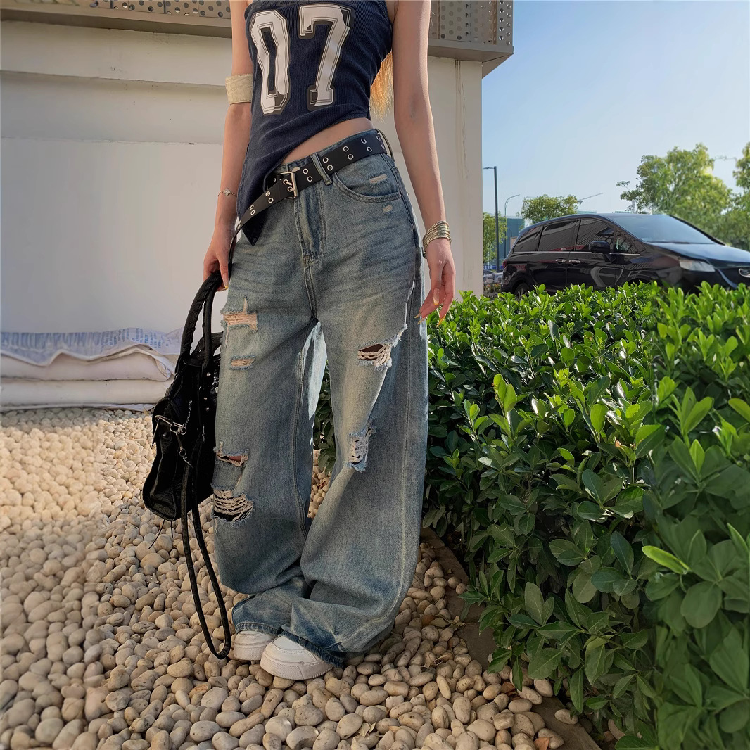 Real shot American retro hot girl ripped jeans women's summer loose wide-leg floor trousers