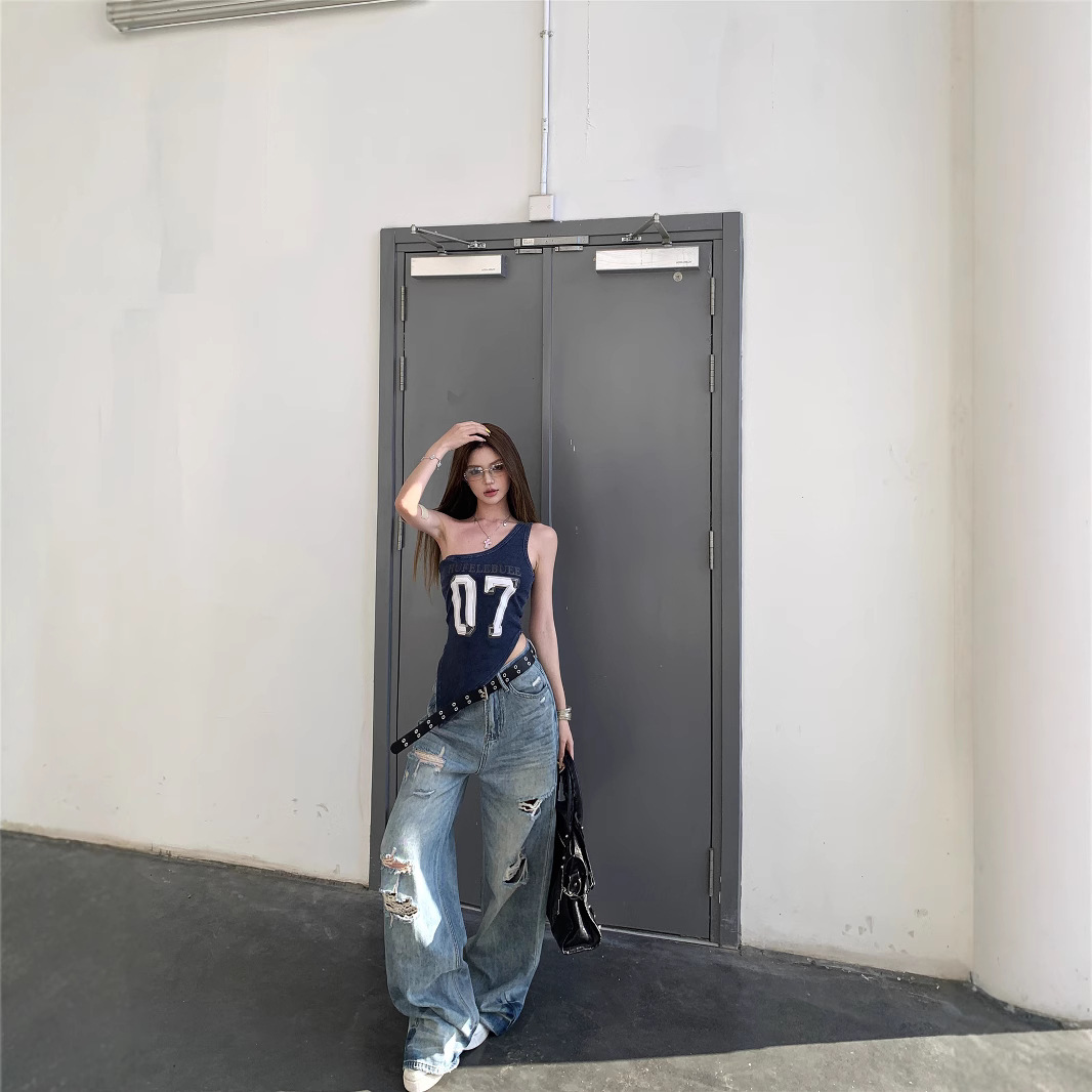 Real shot American retro hot girl ripped jeans women's summer loose wide-leg floor trousers - Image 2