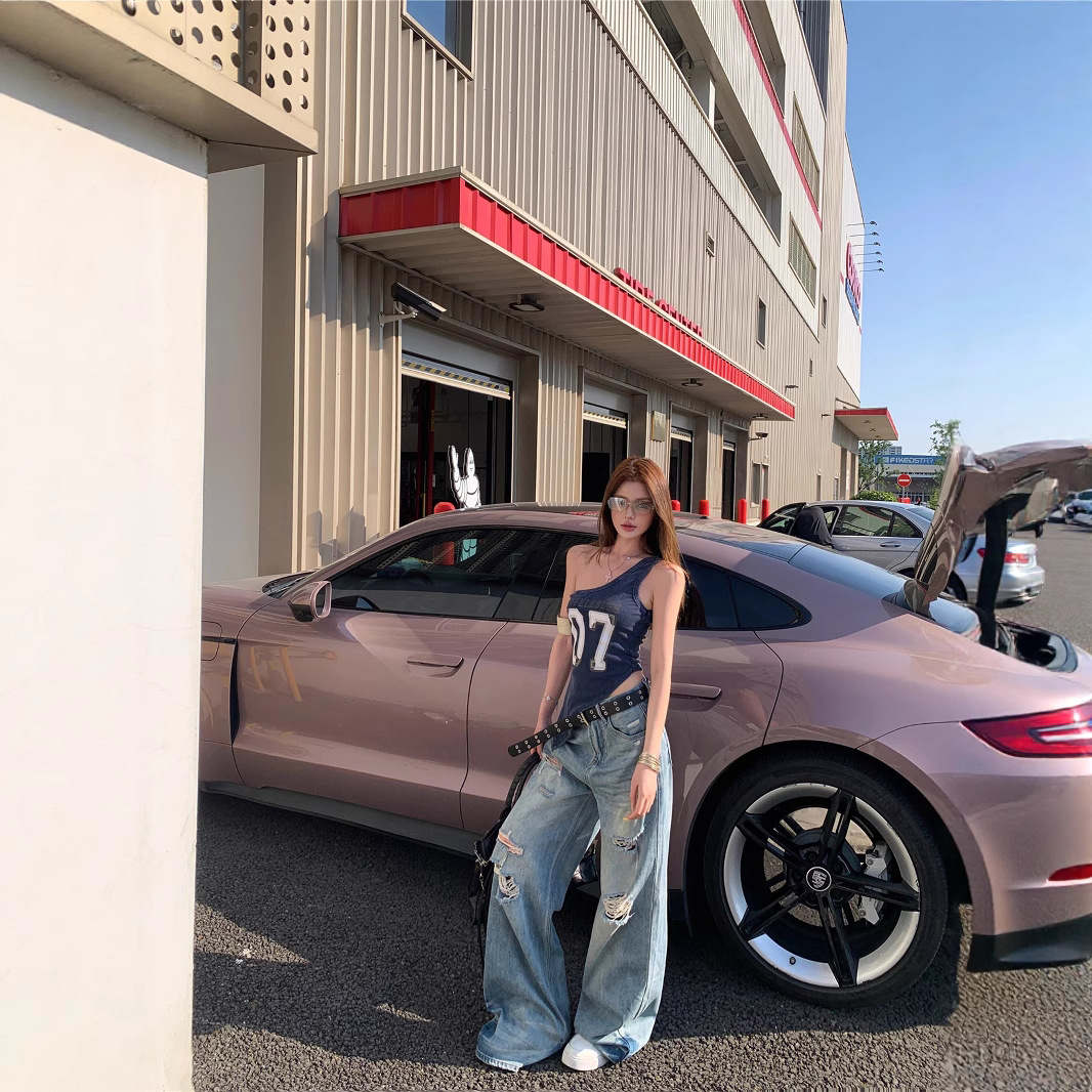 Real shot American retro hot girl ripped jeans women's summer loose wide-leg floor trousers - Image 4