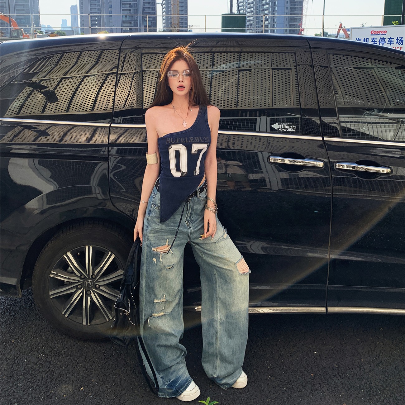 Real shot American retro hot girl ripped jeans women's summer loose wide-leg floor trousers - Image 5