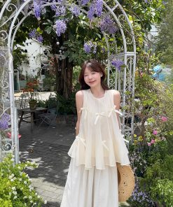 Real shot~ Summer heavy industry splicing bow vest sweet and cute age-reducing puffy sleeveless top