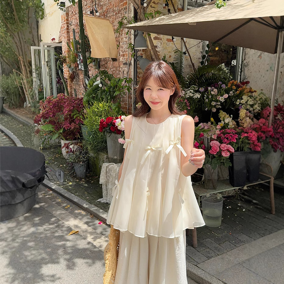 Real shot~ Summer heavy industry splicing bow vest sweet and cute age-reducing puffy sleeveless top - Image 3