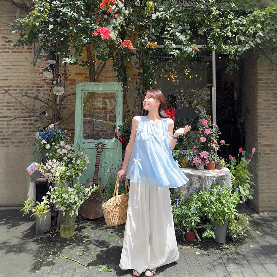 Real shot~ Summer heavy industry splicing bow vest sweet and cute age-reducing puffy sleeveless top - Image 4